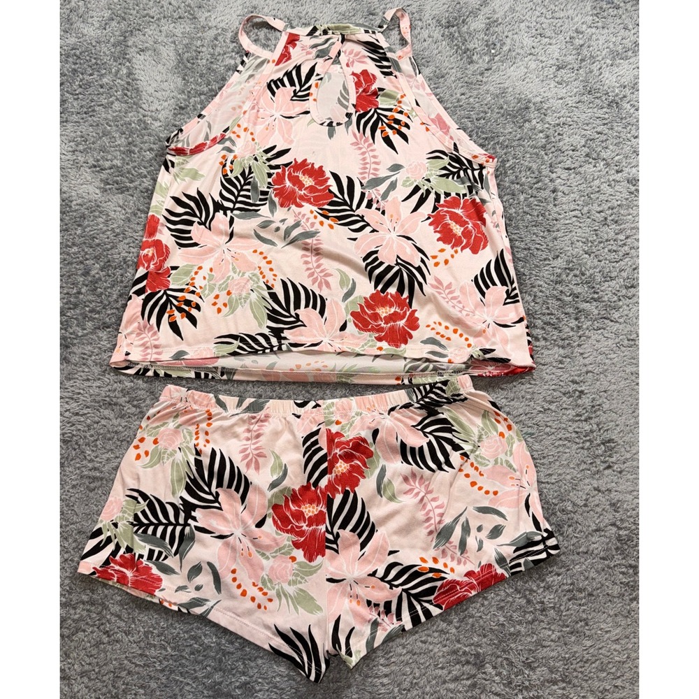 Flora by Flora Nikrooz Pajama Set Large Pink Tropical Floral 3 Piece Tank Shorts - Picture 6 of 10